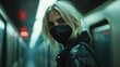 © The 2R Artificiality - Young woman with blonde hair wearing a black medical mask stands in a dimly lit subway corridor near a train, reflecting urban life during a pandemic.