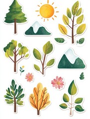 Aufkleber - Vibrant collection of nature themed stickers featuring trees, mountains, flowers, and a sun during a bright day. Generative AI