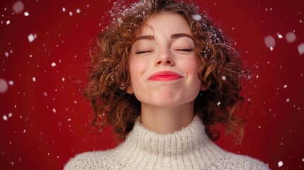 Wall Mural - Positive young woman with curly hair smiling joyfully in a cozy white sweater against a vibrant red background with falling snowflakes creating a festive atmosphere.