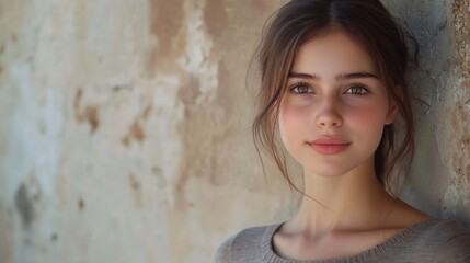 Wall Mural - Young woman with long brown hair and green eyes, posed against a light textured wall, showcasing natural beauty and calm expression.