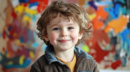 Wall Mural - Cheerful preschool-aged boy with curly hair smiling at the camera, set against a vibrant abstract background featuring colors of red, blue, and yellow.