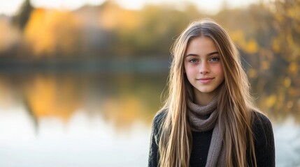 Wall Mural - Young girl with long brown hair wearing a scarf standing by a serene lake adorned with autumn foliage reflecting warm colors in nature.