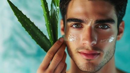 Sticker - Young man with light brown skin holding aloe vera plant, applying facial skincare mask, showcasing smooth skin on blue background.