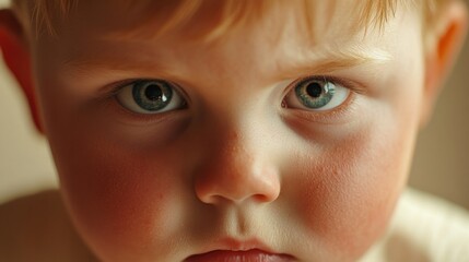 Wall Mural - Close-up Portrait of a Cute Caucasian Baby Boy with Light Brown Hair and Blue Eyes Captured Indoors, Emphasizing Innocent Expressions and Soft Features.