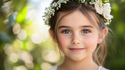 Wall Mural - Charming young girl with floral crown in soft-focus garden setting, showcasing bright green background and natural light, capturing innocence and joy.