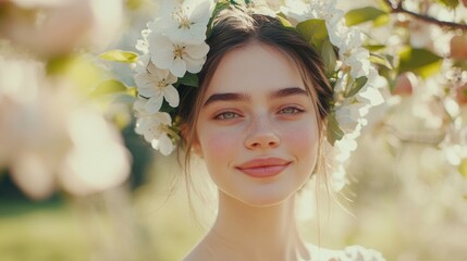 Wall Mural - Portrait of young woman with flower crown smiling among blooming white apple trees in a sunny spring park, conveying joy and tranquility.