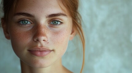 Wall Mural - Natural Portrait of a Freckled Young Woman with Blue Eyes Against a Soft Neutral Background Emphasizing Fresh Beauty and Authenticity