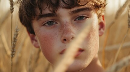 Poster - Handsome teenage boy with curly brown hair and freckles gazing directly at the camera in a golden wheat field during sunset.