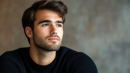 Wall Mural - Young man with dark hair and brown eyes in a black sweater gazing thoughtfully against a blurred neutral background, capturing a reflective mood.