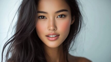 Wall Mural - Captivating portrait of a young Asian woman with long dark hair and radiant skin, softly lit against a light gray background, showcasing natural beauty and elegance.