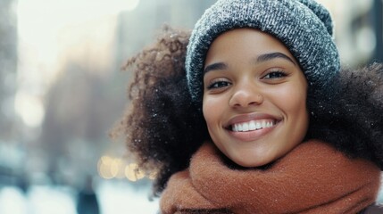 Canvas Print - smiling young woman with curly hair wearing gray knit hat and orange scarf in snowy outdoor urban setting with soft winter light