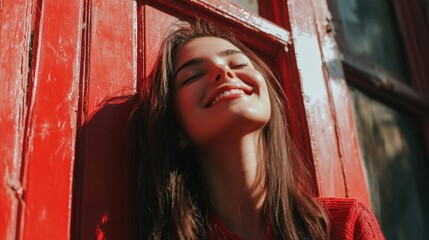 Canvas Print - Joyful young woman with dark brown hair smiling in front of vibrant red wooden window, basking in warm sunlight, exuding happiness and warmth.