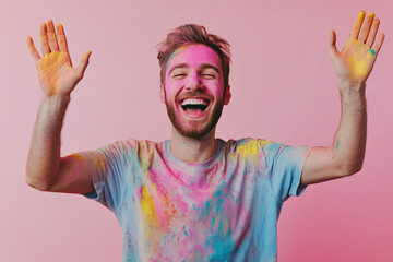 Photographing vibrant Holi festival celebrationsJoyful man with colorful powder-smeared face isolated on a gradient background celebrating Holi festival vibrantly