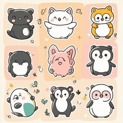 Poster - Cute animal stickers featuring adorable designs with a variety of playful characters on a pastel background. Generative AI