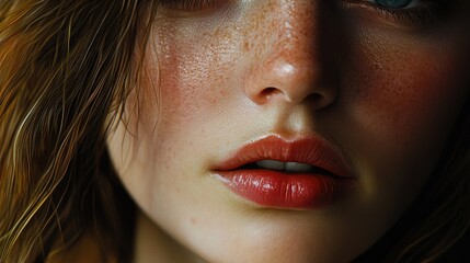 Wall Mural - Close-up studio portrait of a young woman with vibrant red lips, glowing complexion, and freckles, emphasizing natural beauty and subtle makeup.