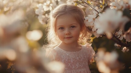 Sticker - Charming young girl with wavy blonde hair in a pink dress, surrounded by blossoming white apple flowers in a sunlit garden during spring.