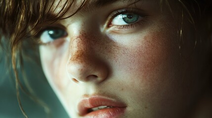 Wall Mural - Close-up portrait of a young teenage girl with blue eyes and light brown wavy hair, featuring freckles on her fair skin, set against a soft blurred background.