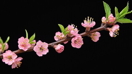 Canvas Print - Blooming Branch with Pink Flowers against a Dark Backdrop Serene Floral Still Life Artwork.