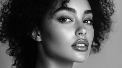 Wall Mural - Curly-haired woman portrait with glowing skin in monochrome tones, capturing beauty and grace through natural expression and light contrast.