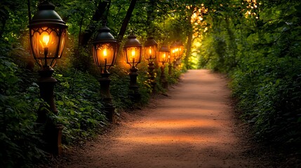 Poster - Enchanted Pathway Illuminated by Lanterns Through Verdant Forest Trees Tranquil Scenery Background.