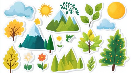 Poster - Colorful collection of nature themed stickers featuring mountains, trees, and flowers in a vibrant landscape design. Generative AI