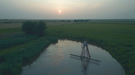 Poster - Tranquil Pond Landscape with Wooden Structure at Dusk Reflecting the Sun's Last Rays of Light.