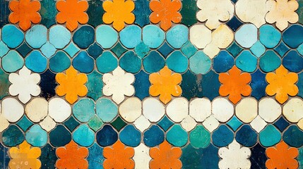 Sticker -   Closely zoomed in shot of an orange, blue, and white floral tile top