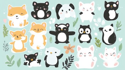 Poster - Cute animal stickers featuring various designs of playful creatures on a light background ideal for crafts and decoration. Generative AI
