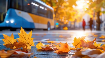 Fallen autumn leaves on city sidewalk, blurred bus and pedestrians in background, golden sunlight illuminates scene.