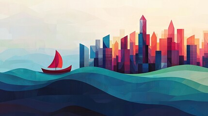 Wall Mural -   A painting depicts a boat on water with a cityscape in the backdrop