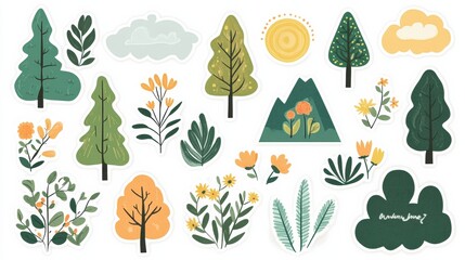 Poster - Colorful collection of nature themed stickers featuring plants, flowers, and trees in various designs and colors. Generative AI