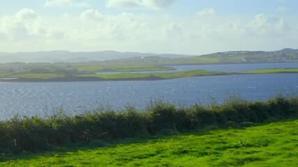 Wall Mural - Island Roy View in Donegal Ireland - A serene and tranquil view of the lakeside showcases vibrant green grass plus glistening water beneath a clear blue sky