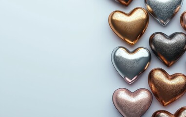 Wall Mural - Modern mockup background with space for text featuring elegant metallic hearts arranged in a structured, high-fashion layout for Saint Valentines Day and 8 March International Womens Day