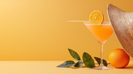 Wall Mural -   An orange-colored straw hat sits on a table alongside a glass of orange juice and an orange slice