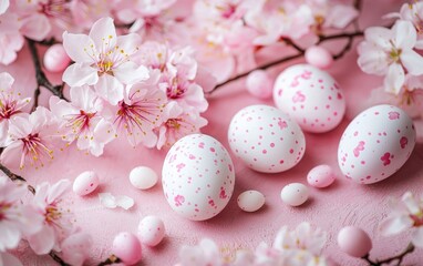 Wall Mural - Romantic mockup background with space for text decorated with soft-focus pink cherry blossoms surrounding Easter eggs for a gentle springtime feel for Easter