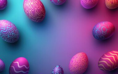 Wall Mural - Modern mockup background with space for text featuring neon-colored Easter eggs floating over a futuristic gradient backdrop for Easter