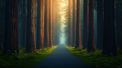 Canvas Print - Serene forest pathway illuminated by sunlight filtering through tall trees, evoking tranquility