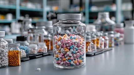 Wall Mural - Colorful pills in jar, lab setting, medicine research