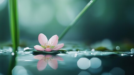 Wall Mural -   A pink flower floats atop water's surface, near a green plant with a protruding leaf