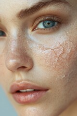 Wall Mural - A close-up portrait of a woman with freckles on her face