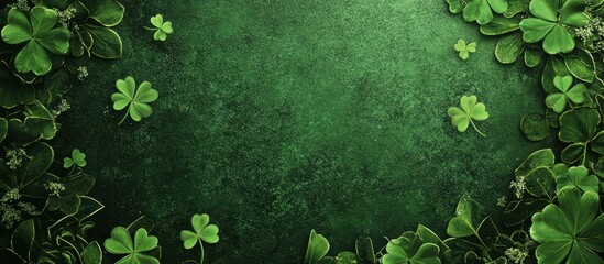 Ultra-modern mockup background with space for text for Saint Patricks Day, designed with a fresh mossy green gradient, Celtic patterns, and floating shamrock petals