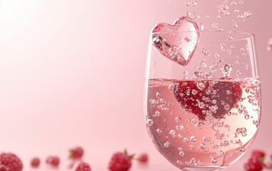 Wall Mural - sparkling with fizzing bubbles and berry splashes on a romantic pastel background for Saint Valentines Day and 8 March International Womens Day