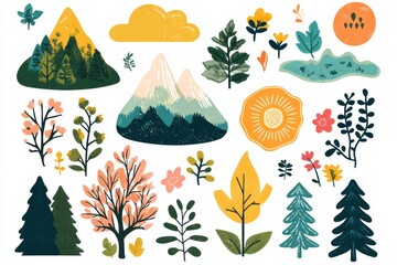 Poster - Colorful nature stickers featuring mountains, trees, flowers, and sun for creative projects and decoration. Generative AI