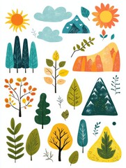 Aufkleber - Colorful stickers featuring various trees, mountains, and sun designs ideal for creative projects and decorations. Generative AI