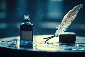 Wall Mural - A bottle of ink sits on a table, ready for use