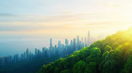 Wall Mural -   A panoramic shot of a bustling metropolis viewed from atop a verdant hill, with tree-lined streets leading to a hazy, misty horizon