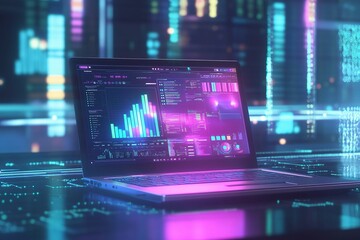 A laptop displays data visualization and analytics dashboards in a futuristic, technology-driven environment emphasizing digital innovation and cyber intelligence