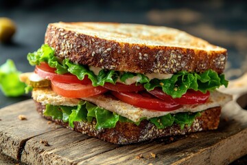 Wall Mural - A close-up view of a delicious-looking sandwich on a cutting board