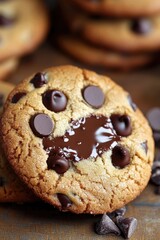 Wall Mural - A delicious-looking chocolate chip cookie sits on top of a wooden table, perfect for a snack or dessert