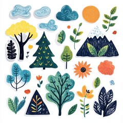 Poster - Colorful stickers featuring nature elements including trees, flowers, mountains, and clouds for creative projects and decoration. Generative AI